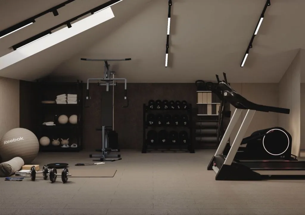 мяч и гантели в бежевой комнате 